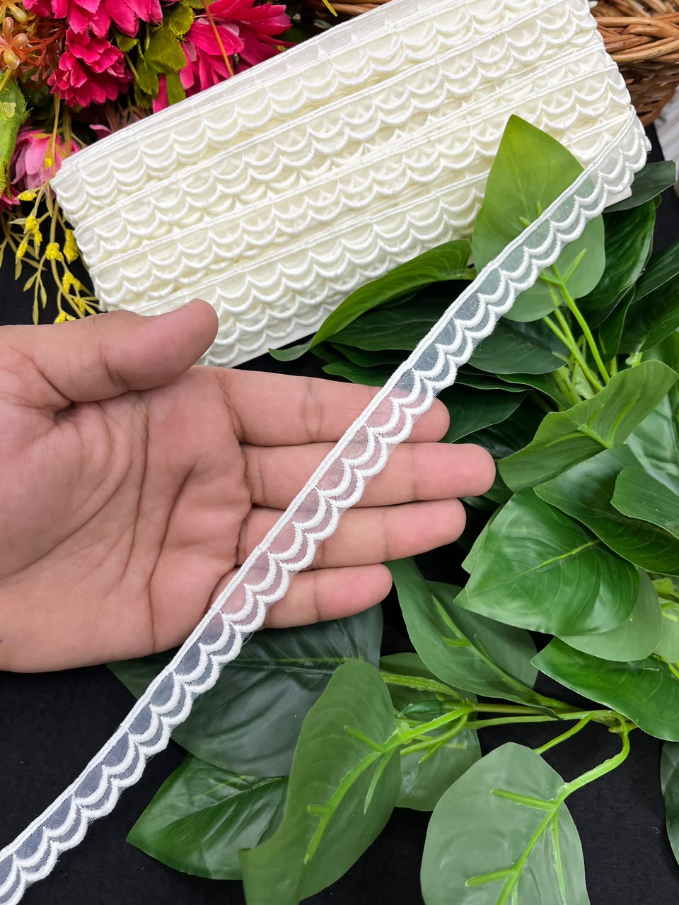 Organza Lace for Sarees, Lehengas, Dupattas & Dresses – Designer Imported Decorative Lace Border (1 Inch) | DC1058 | Cream