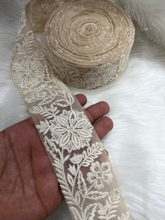 Lucknowi Threads Lace Trim for Saree and Dupatta - Elegant Saree Lace Trim | Cream