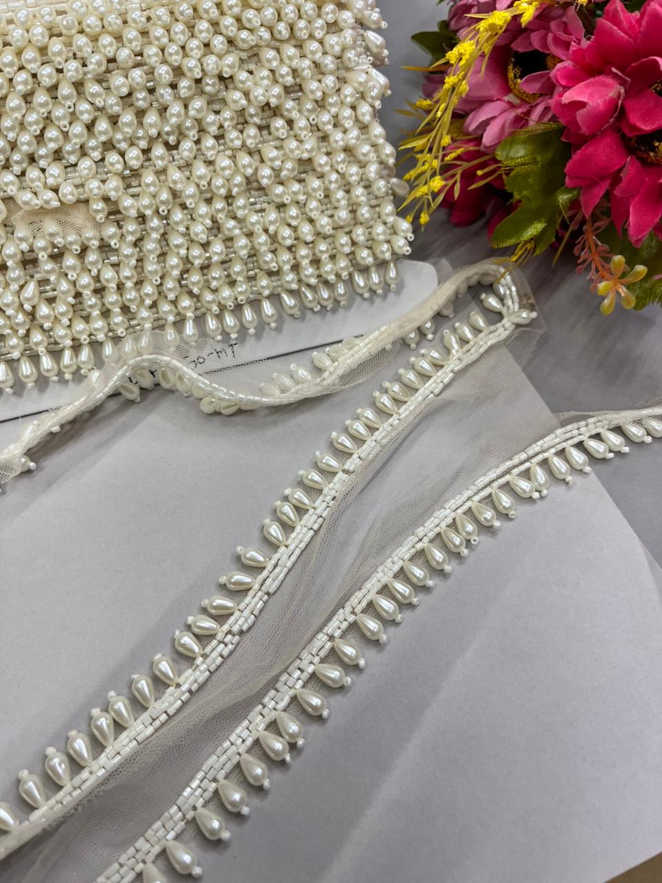 Pearl Drop Hanging Lace for Bridal Blouses & Dupattas – Elegant 1 Inch Latkan Style Decorative Border for Wedding & Festive Wear (9 Meter) | Cream