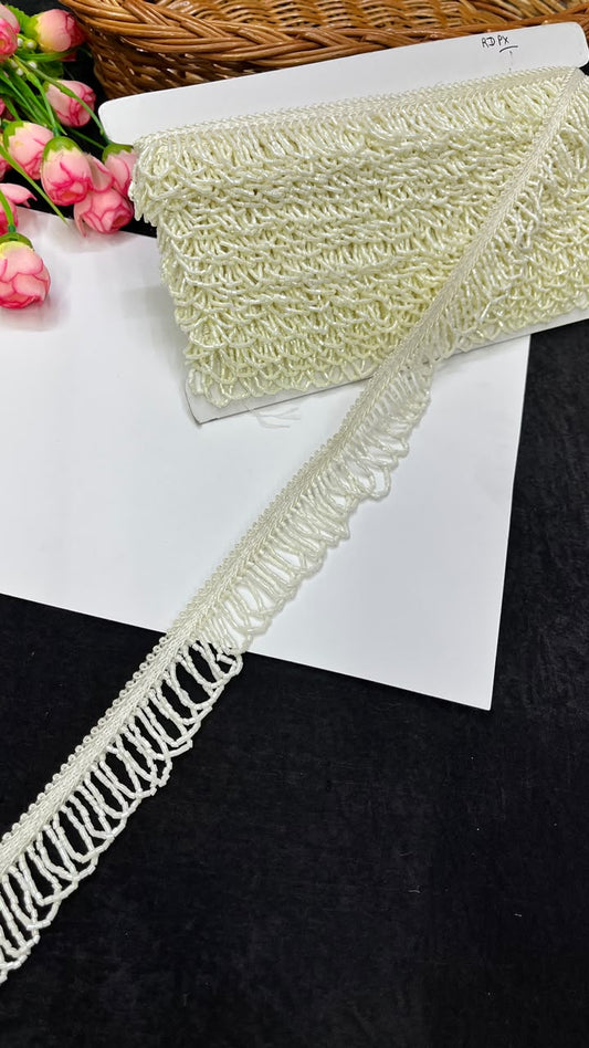 Handmade Cutdana Latkan Lace for Sarees, Lehengas, Dupattas & Blouses – Designer Handcrafted Cutdana Hanging Lace Border (1 Inch) | DC1067 | Cream