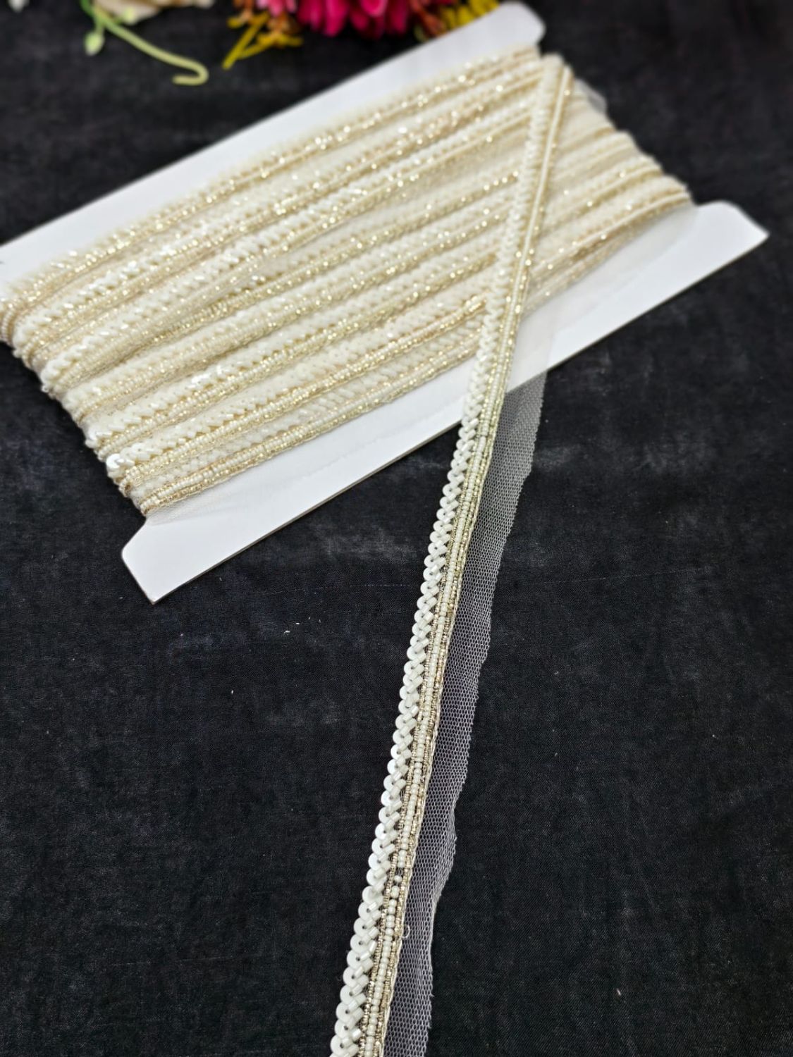 Handmade Jardoshi Work Saree Laces Border for Sarees & Dupattas – 9 Meters, 0.5-Inch Embroidered Trim | Cream