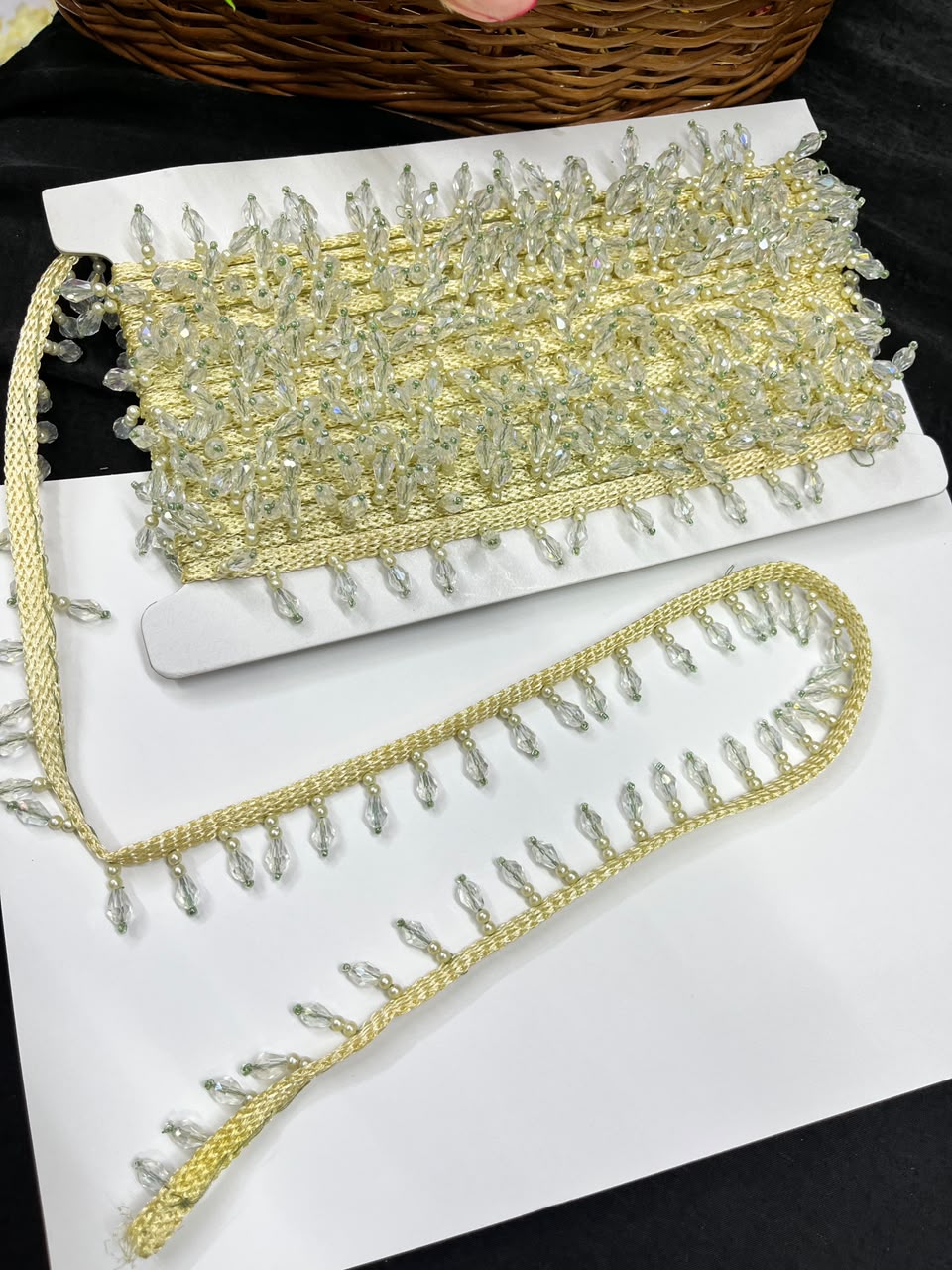 Crystal Drop Latkan Lace for Dupattas, Blouses, Sarees & Lehengas – Designer Hanging Crystal Lace Border (1 Inch) | DC1047 | Cream
