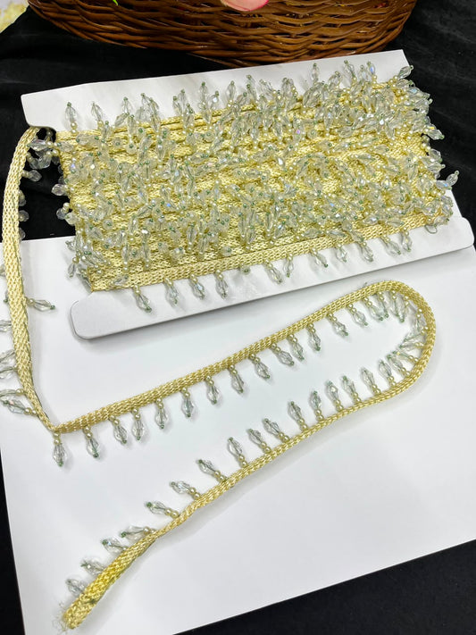 Crystal Drop Latkan Lace for Dupattas, Blouses, Sarees & Lehengas – Designer Hanging Crystal Lace Border (1 Inch) | DC1047 | Cream