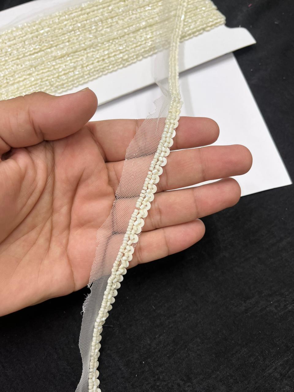 Handmade Sequins Lace Trim for Sarees, Blouses & Dresses – Narrow Handwork Embroidered Lace Border (1 cm) | Cream
