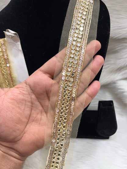 Exquisite Handcrafted Zardosi Mirror Borders – 9 Meters, 1.5-Inch Embellished Handmade Lace for Sarees & Lehengas