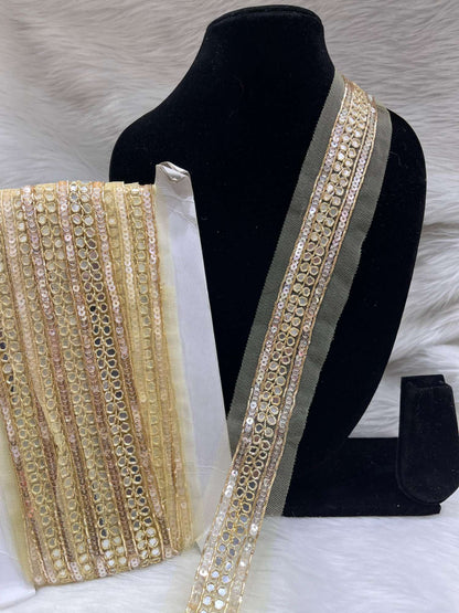 Exquisite Handcrafted Zardosi Mirror Borders – 9 Meters, 1.5-Inch Embellished Handmade Lace for Sarees & Lehengas