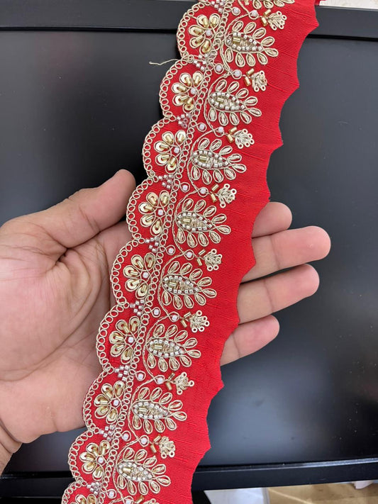 Heritage Scalloped Beaded Cutwork Embroidered Lace – 9 Meters, 2-Inch Maggam Work Border for Sarees & Lehengas | Red