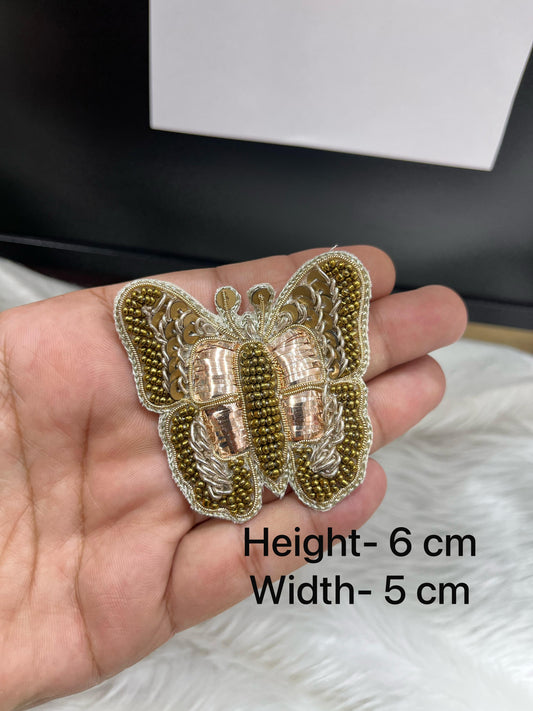 Handcrafted Gold Colour Butterfly Patch – Zardosi Embroidered Mini Applique for Premium Fabric Accents