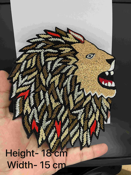 Multicoloured Lion Face Zardosi Work Patch – Bold Embroidered Applique for Jackets, Ethnic Wear & Crafts