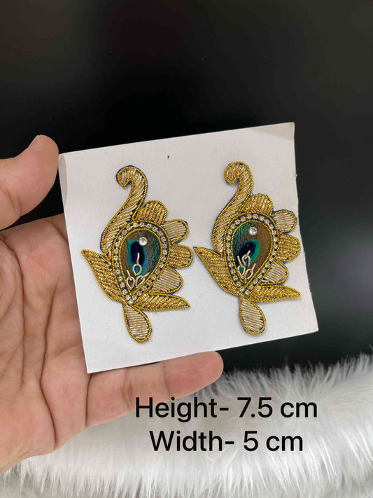Multicoloured Zardosi Work Peacock Decorative Patch (2 pcs) – Embroidered Feather Motif Appliques