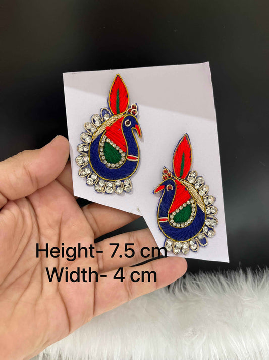 Multicoloured Zardosi Work Peacock Decorative Patch (2 pcs) – Stone-Studded Applique Pair for Ethnic Embellishment