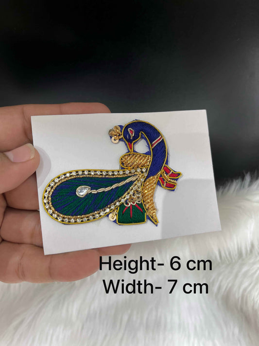 Multicoloured Zardosi Work Peacock Decorative Patch – Embroidered Feather Motif with Stone & Thread Detailing
