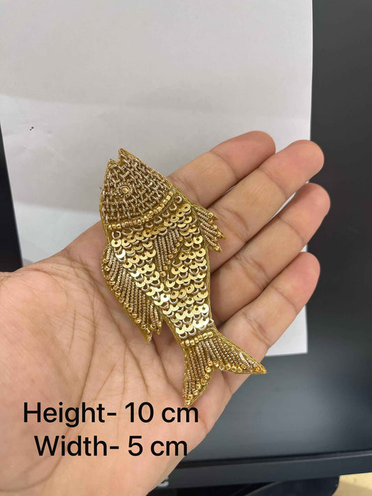 Fish Design Hand Embroidery Patch – Golden Zardosi & Sequin Work Applique