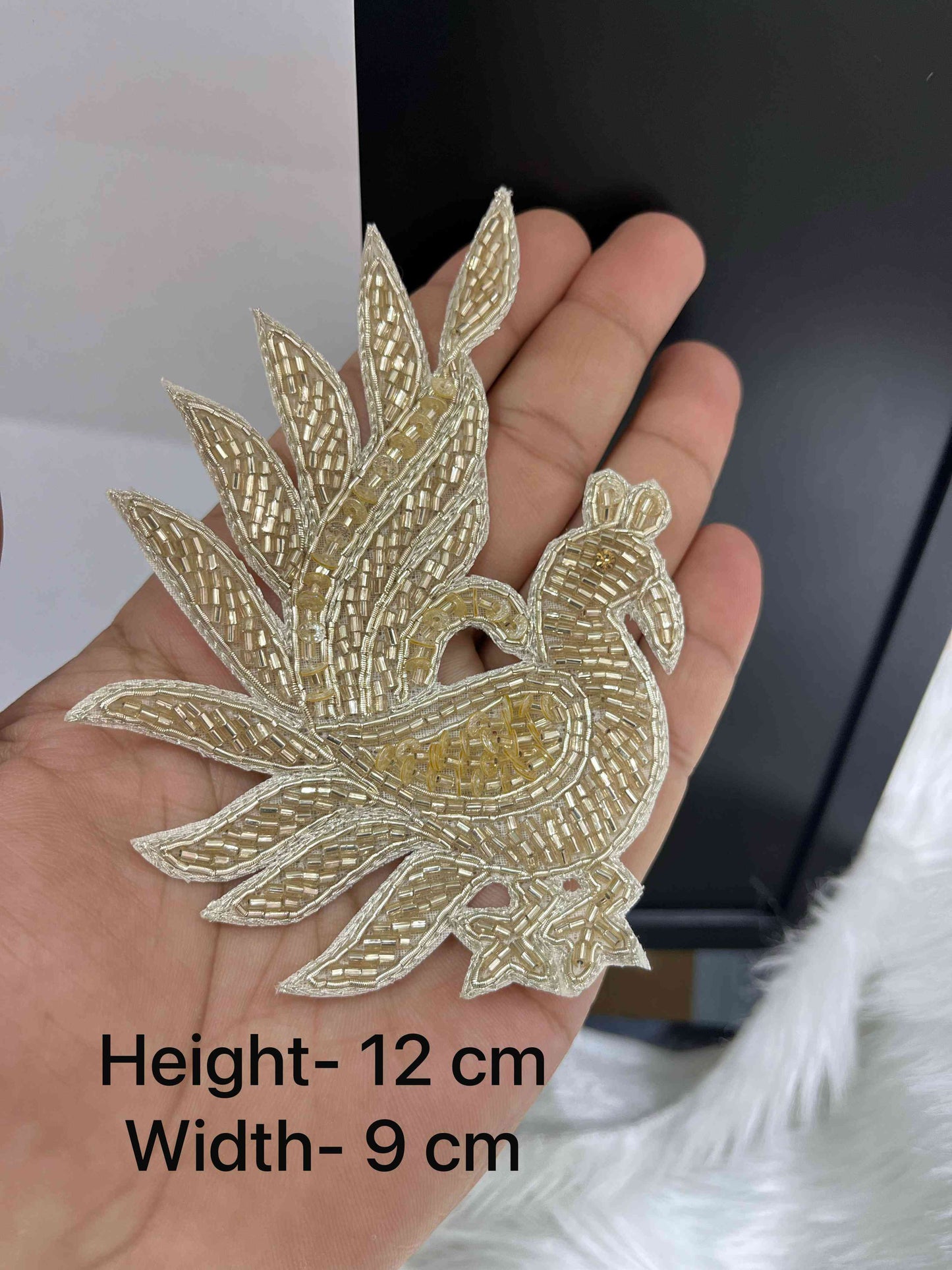 Handcrafted Catdana Work Peacock Design Applique (Pani Gold) – Premium Embroidered Patch