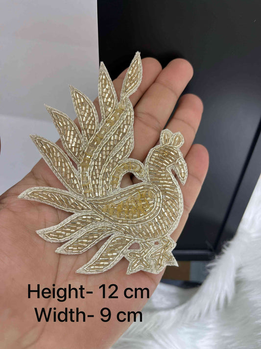 Handcrafted Catdana Work Peacock Design Applique (Pani Gold) – Premium Embroidered Patch