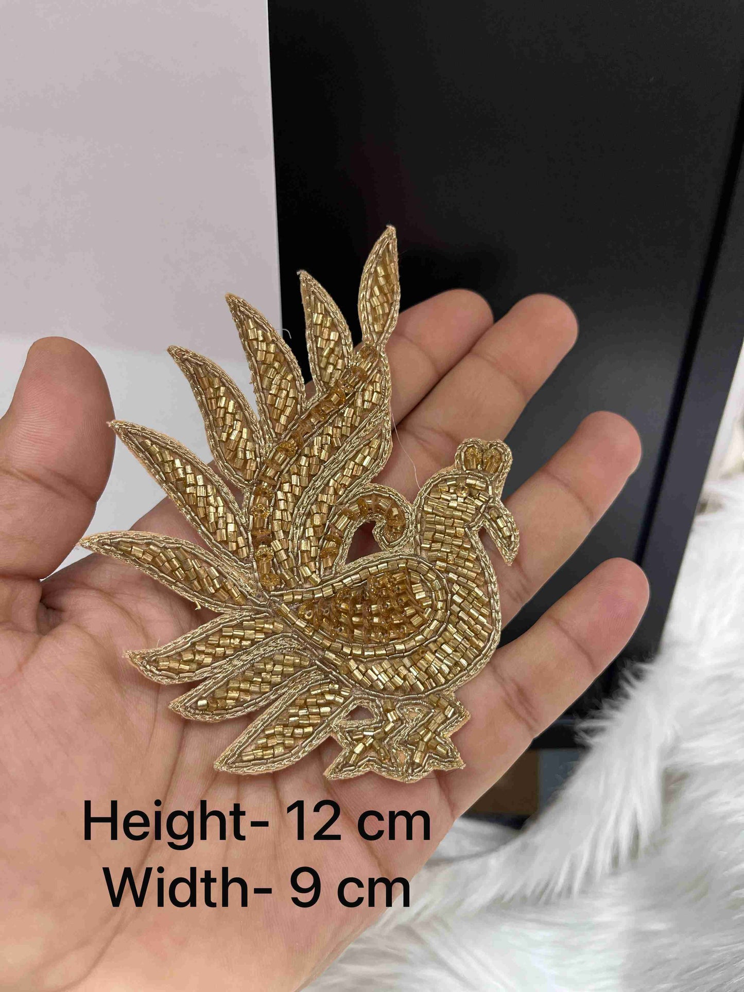 Antique Gold Handcrafted Peacock Applique Patch with Catdana Bead Embroidery – Ethnic Motif for Sarees, Blouses, Dupattas & Crafts