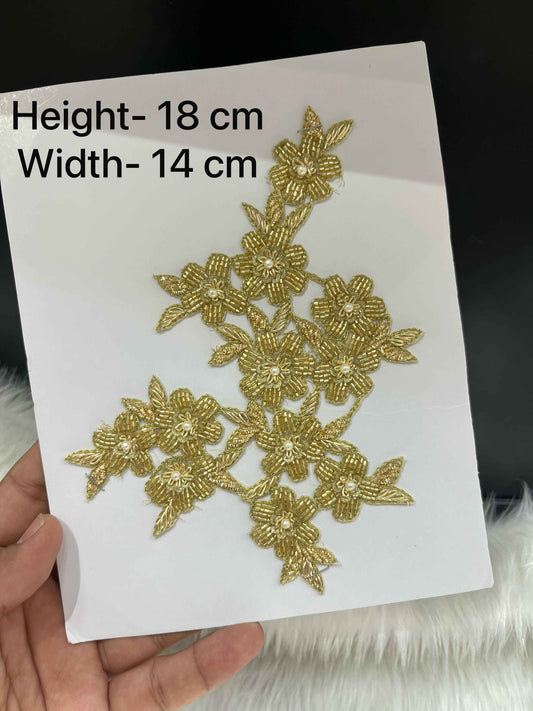 Gold Handmade Floral Cutwork Patch with Beads & Pearls – Intricate Embroidery Applique for Lehengas, Sarees, Blouses & DIY Décor