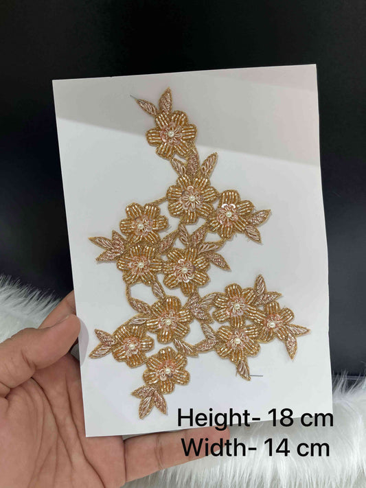 Rose Gold Handmade Floral Cutwork Patch with Beads & Pearls – Designer Applique for Bridal Blouses, Sarees, Lehengas & DIY Projects