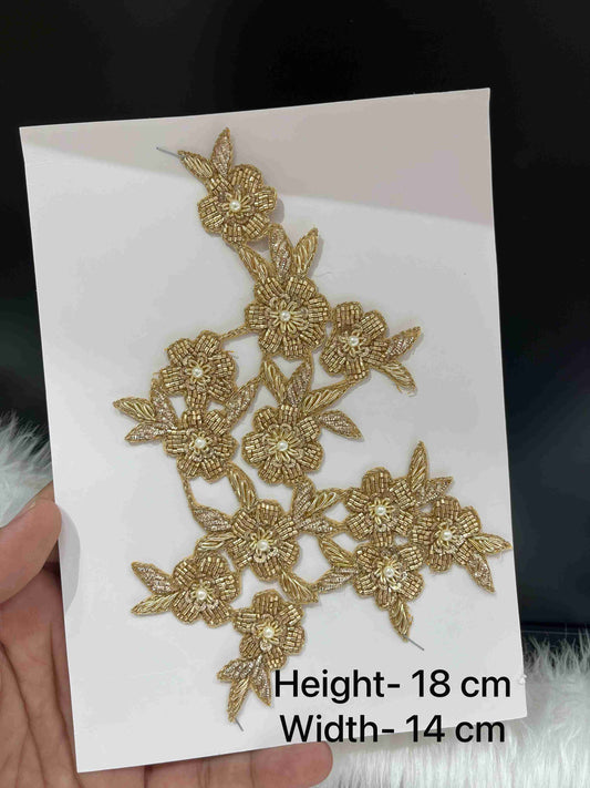 Antique Gold Handmade Floral Cutwork Patch with Pearls & Beads – Designer Embroidery Applique for Bridal Wear, Sarees, Blouses & Craft Use