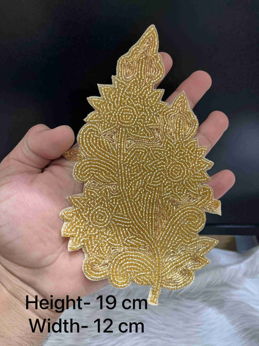 Handmade Gold Beaded Floral Leaf Embroidery Patch for Sarees, Blouses, Lehengas & Craft DIY – Elegant Traditional Applique Work