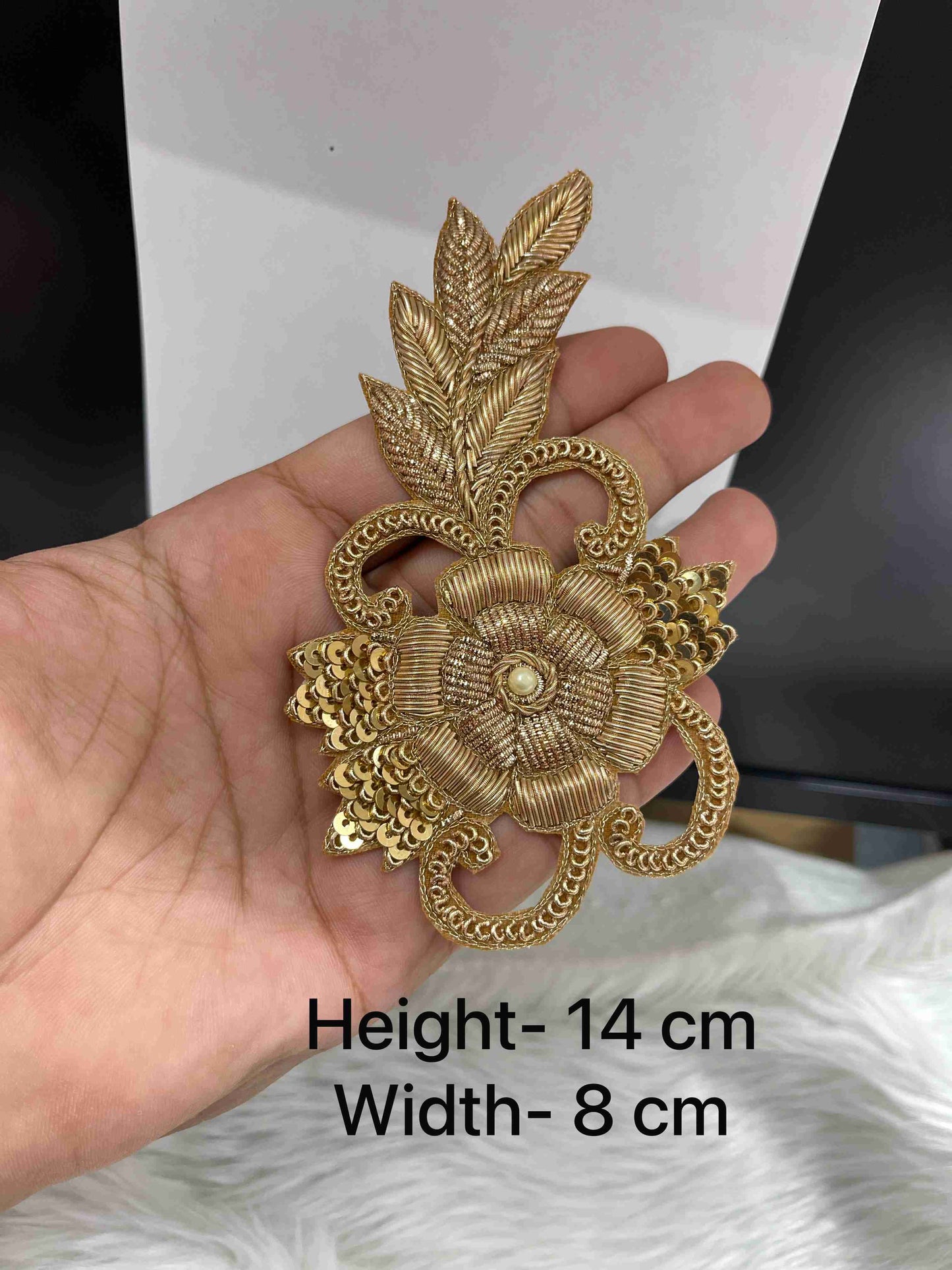 Handmade Zardosi Embroidery Floral Patch with Pearl Center for Wedding Dresses, Ethnic Wear, Craft Projects & DIY Décor – Golden Finish