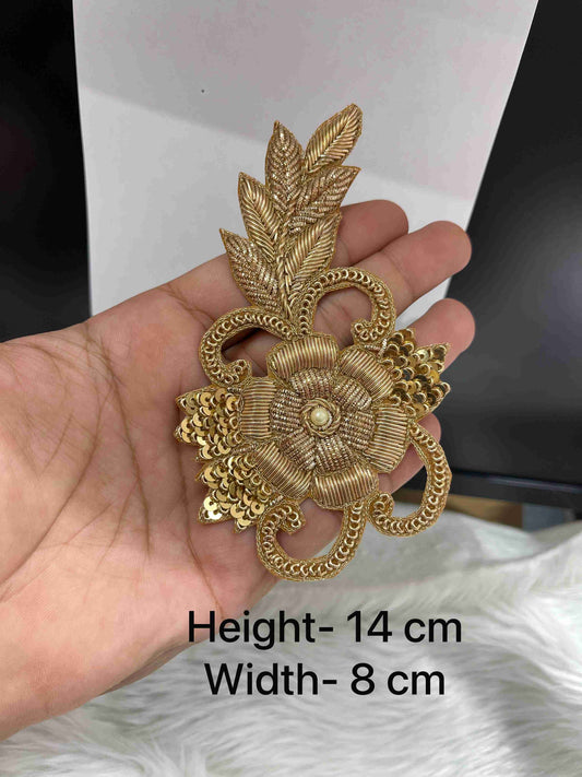Handmade Zardosi Embroidery Floral Patch with Pearl Center for Wedding Dresses, Ethnic Wear, Craft Projects & DIY Décor – Golden Finish