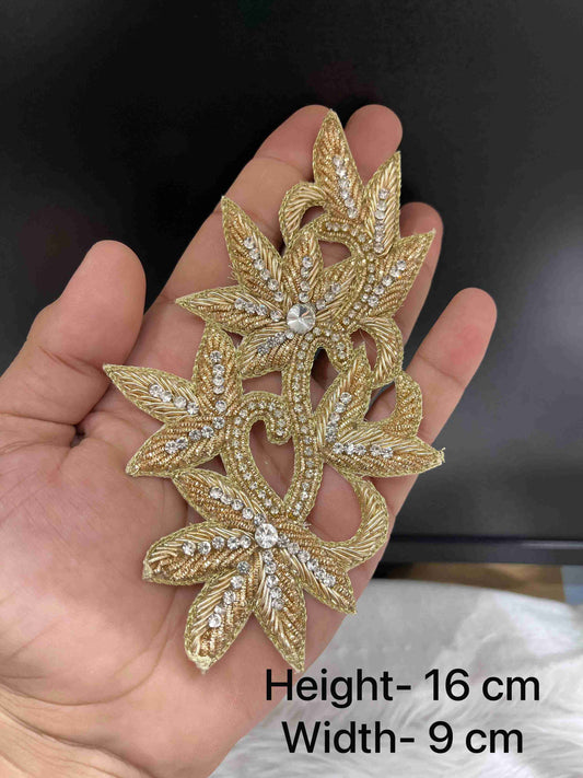 Handcrafted Rhinestone Embellished Antique Gold Patch for Indian Wedding Dresses, Craft Projects & Designer Appliqué Work