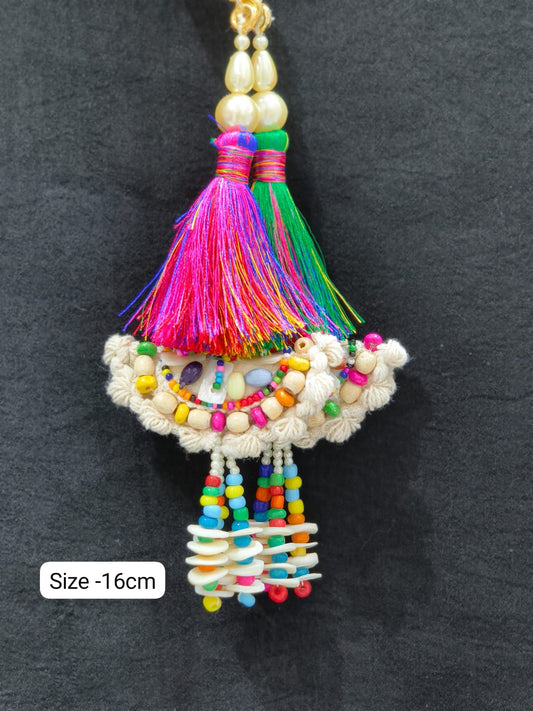 Multi Wooden Beads Scalloped Tassels – Decorative Accessory for Blouses, Sarees, and Dupattas – Sold as a Pair (16 cm)