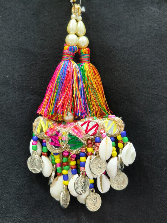 Bright Multi Coin Mirror Scalloped Tassels – Decorative Accessory for Blouses, Sarees, and Dupattas – Sold as a Pair (14 cm)