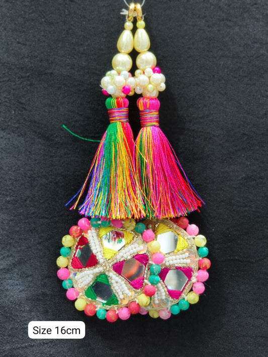 Bright Multi Resham with Mirror Tassels – Decorative Accessory for Blouses, Sarees, and Dupattas – Sold as a Pair (16 cm)