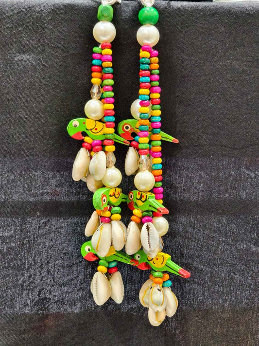 Multi Colour Parrot with Shell Tassels – Decorative Accessory for Blouses, Sarees, and Dupattas – Sold as a Pair (16 cm)