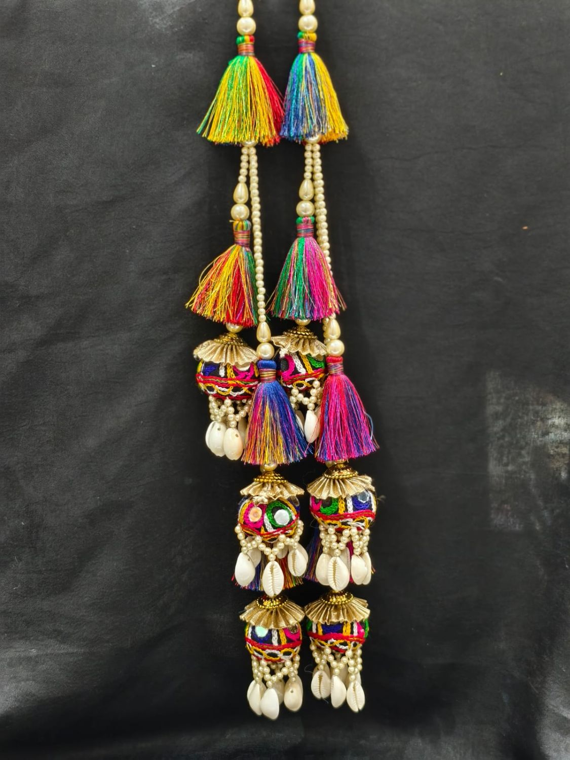 Bright Multi Thread with Shell Tassels – Decorative Accessory for Blouses, Sarees, Dupattas, and Lehengas – Sold as a Pair (33 cm)