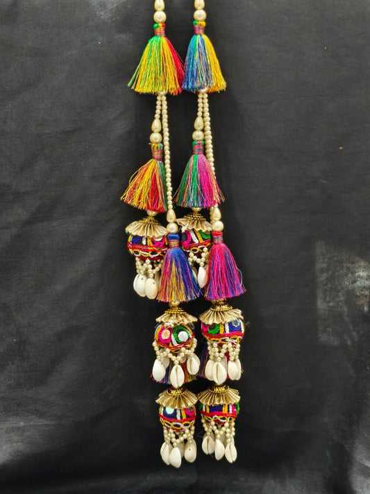 Bright Multi Thread with Shell Tassels – Decorative Accessory for Blouses, Sarees, Dupattas, and Lehengas – Sold as a Pair (33 cm)