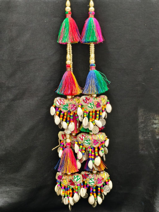 Bright Multi Thread with Shell Tassels – Decorative Accessory for Blouses, Sarees, Dupattas, and Lehengas – Sold as a Pair (33 cm)