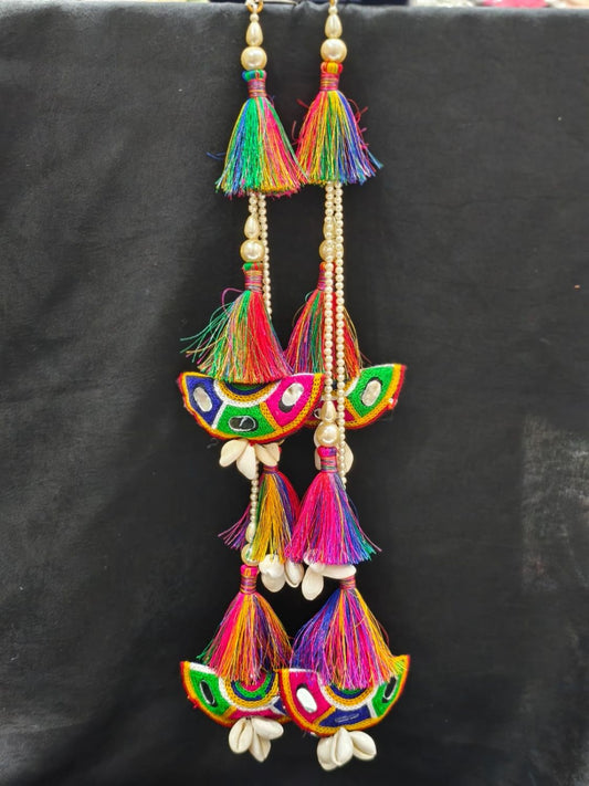 Bright Multi Thread with Shell Tassels – Decorative Accessory for Blouses, Sarees, Dupattas, and Lehengas – Sold as a Pair (33 cm)