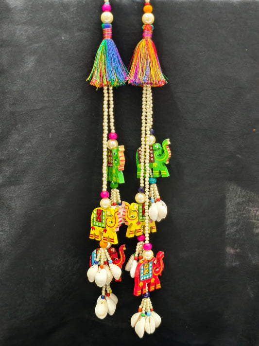 Bright Multi Thread with Shell Elephant Tassels – Decorative Accessory for Blouses, Sarees, Dupattas, and Lehengas – Sold as a Pair (33 cm)