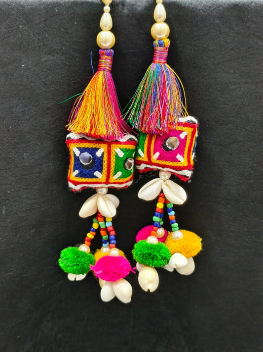 Bright Multi Thread with Shell Elephant Tassels – Decorative Accessory for Blouses, Sarees, Dupattas, and Lehengas – Sold as a Pair (23 cm)