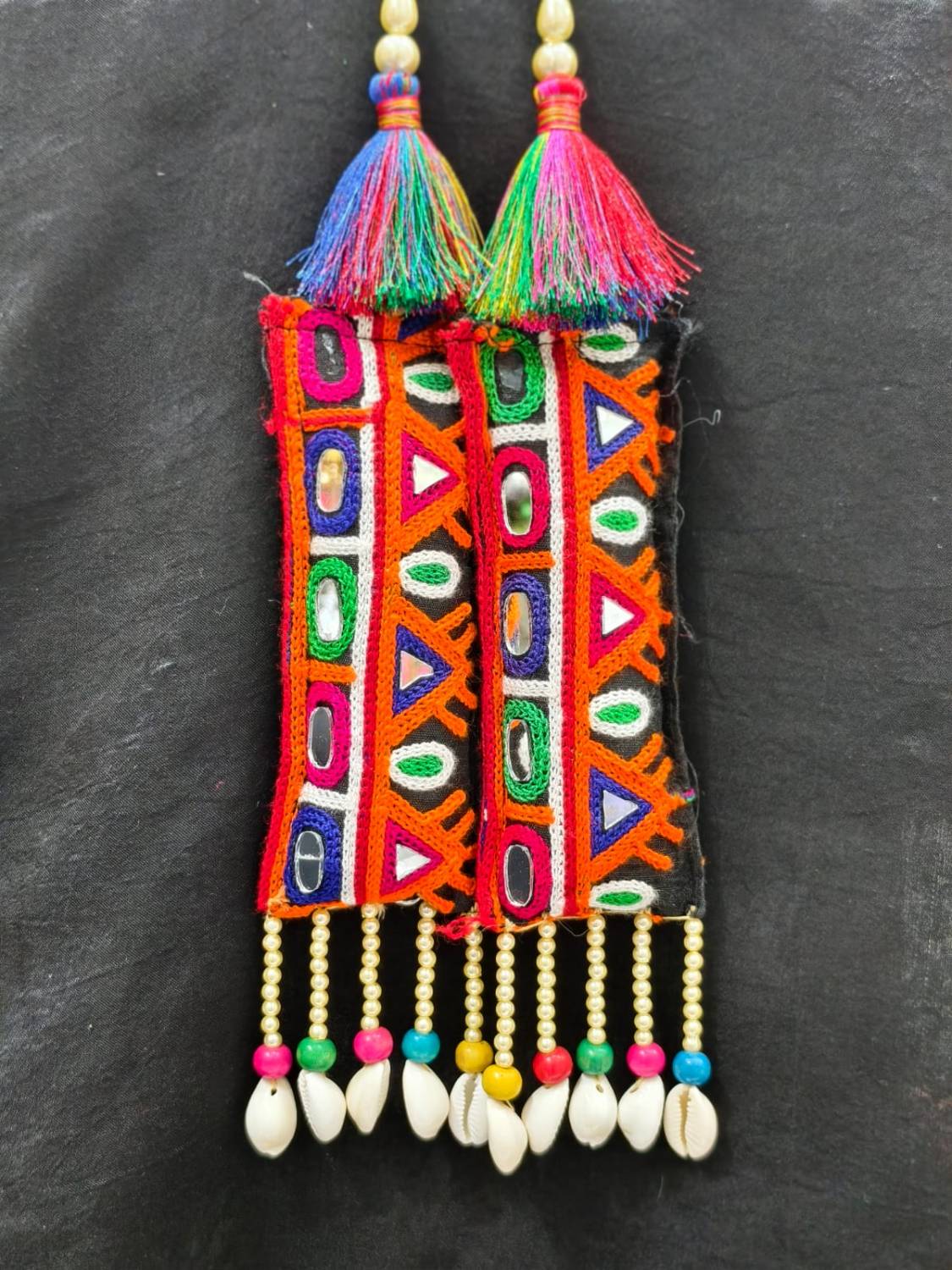 Bright Multi Thread with Shell Elephant Tassels – Decorative Accessory for Blouses, Sarees, Dupattas, and Lehengas – Sold as a Pair (23 cm)