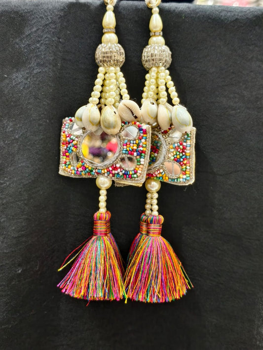 Bright Multi Thread with Shell Elephant Tassels – Decorative Accessory for Blouses, Sarees, Dupattas, and Lehengas – Sold as a Pair (18 cm)