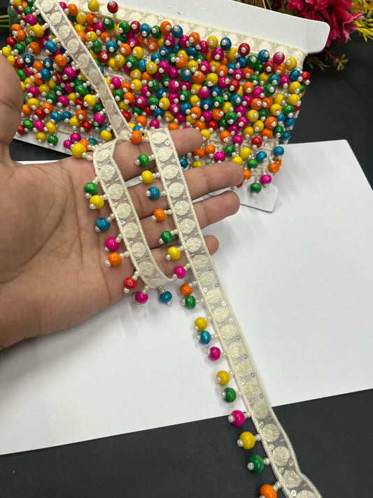 Multicoloured Wooden Beads Hanging Lace – Decorative Latkan Lace for Sarees, Dupattas, and Dresses (9 mtr, 1 inch)