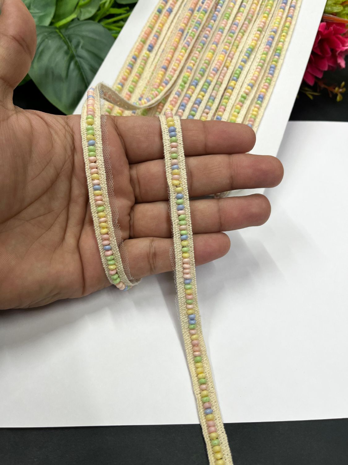 Beautiful Pastel Shades Beaded Lace Trim – Handmade Decorative Lace for Sarees, Dupattas, and Dresses (9 mtr, 0.5 inch)