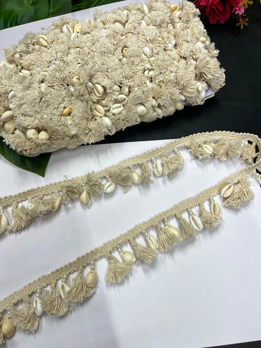 Cotton Thread Lace with Shell | Western Lace Collection – Decorative Hanging Lace for Sarees, Dupattas, and Dresses (9 mtr, 1.5 inch) | Cream