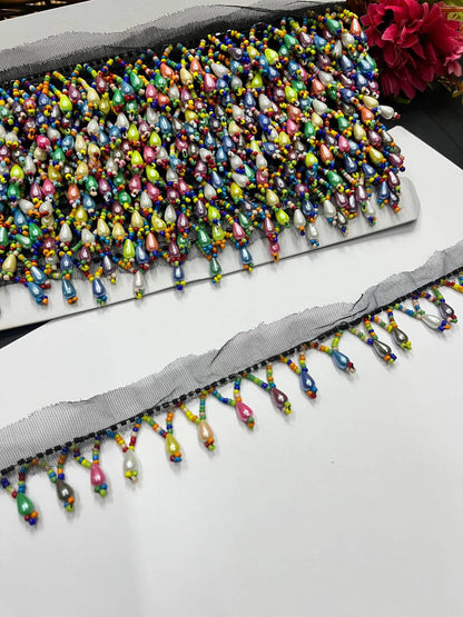 Multicoloured Beads Hanging Lace on Net Fabric – Decorative Latkan Lace for Sarees, Dupattas, and Dresses (9 mtr, 1 inch)