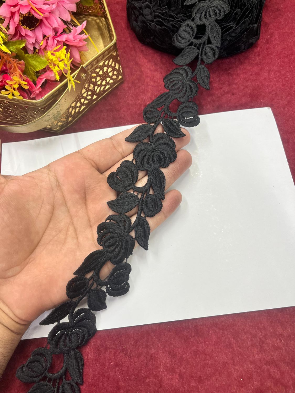 Black Flower Imported Lace – Decorative Lace for Sarees, Dupattas, and Dresses (9 mtr, 2 inch)