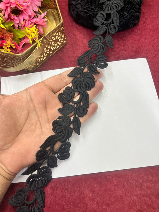 Black Flower Imported Lace – Decorative Lace for Sarees, Dupattas, and Dresses (9 mtr, 2 inch)