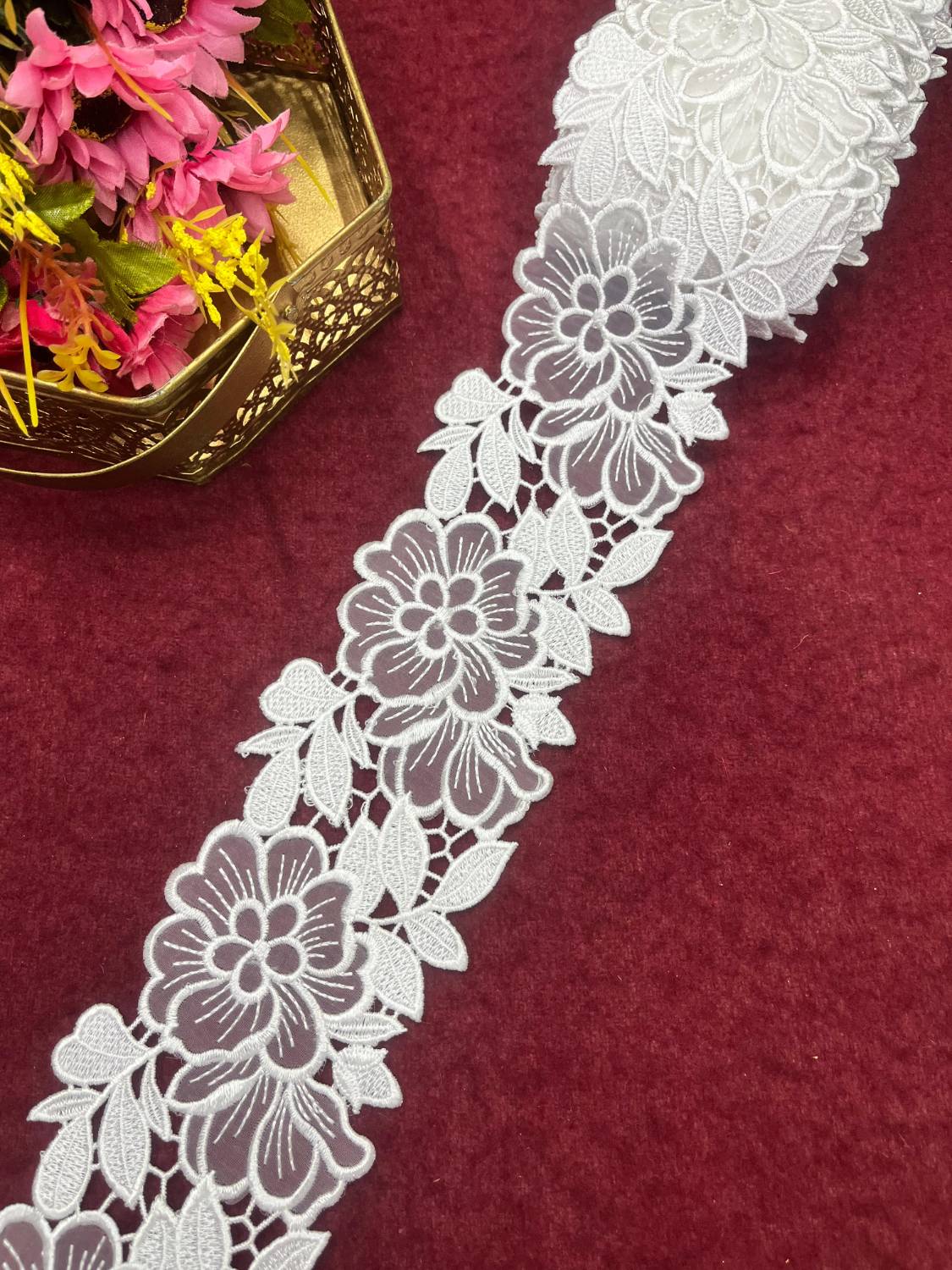 Dyeable White Organza Imported Lace – Decorative Lace for Sarees, Dupattas, and Dresses (9 mtr, 3 inch)