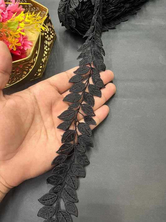 Black Leaf Design Imported Lace – Decorative Lace for Sarees, Dupattas, and Dresses (9 mtr, 2 inch)