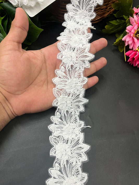 White Flower Imported Lace – Decorative Lace for Sarees, Dupattas, and Dresses (9 mtr, 2 inch)