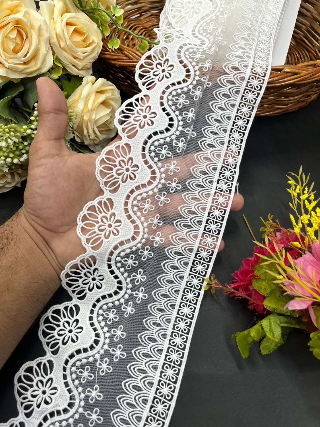 Dyeable White Imported Lace on Net Fabric – Decorative Lace for Sarees, Dupattas, and Dresses (9 mtr, 5 inch)