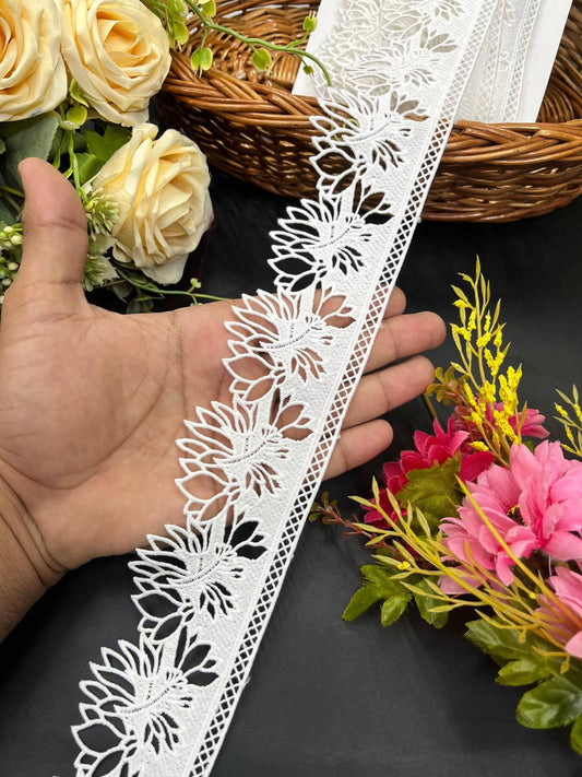 Dyeable White Cutwork Imported Lace – Decorative Lace for Sarees, Dupattas, and Dresses (9 mtr, 2.5 inch)